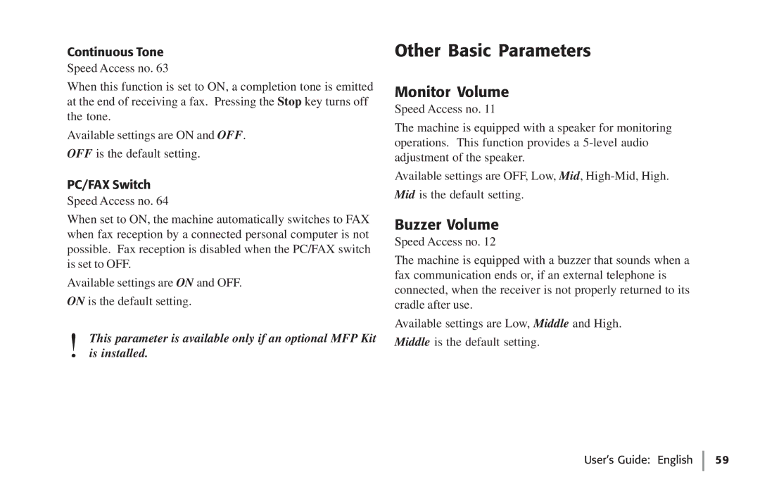 Oki 59502, 5750 manual Other Basic Parameters, Monitor Volume, Buzzer Volume, Continuous Tone, PC/FAX Switch 