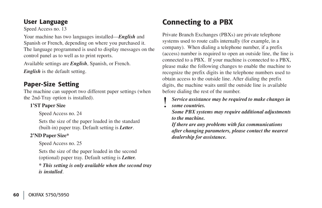 Oki 5750, 59502 manual Connecting to a PBX, User Language, Paper-Size Setting, ’ST Paper Size, ’ND Paper Size 