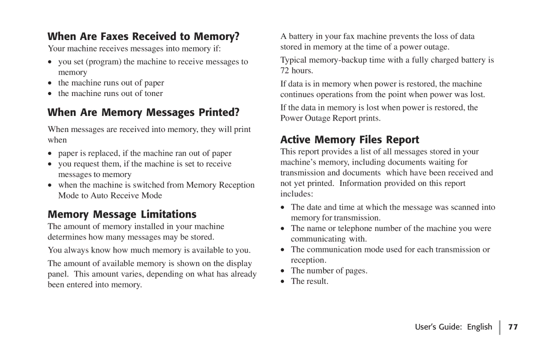 Oki 59502, 5750 manual When Are Faxes Received to Memory?, When Are Memory Messages Printed?, Memory Message Limitations 