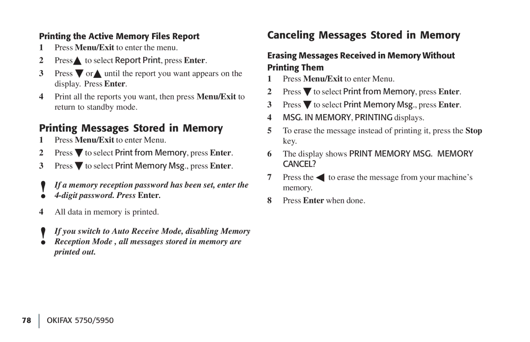 Oki 5750 Printing Messages Stored in Memory, Canceling Messages Stored in Memory, Printing the Active Memory Files Report 