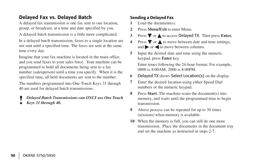 Oki 5750, 59502 Delayed Fax vs. Delayed Batch, Sending a Delayed Fax, Delayed TX shows Select Locations on the display 