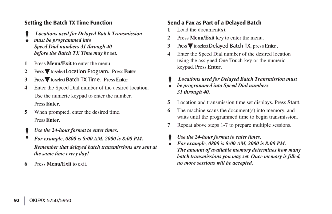 Oki 5750, 59502 manual Setting the Batch TX Time Function, Send a Fax as Part of a Delayed Batch 