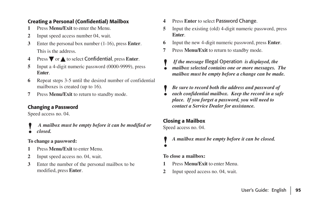 Oki 59502, 5750 Creating a Personal Confidential Mailbox, Changing a Password, To change a password, Closing a Mailbox 