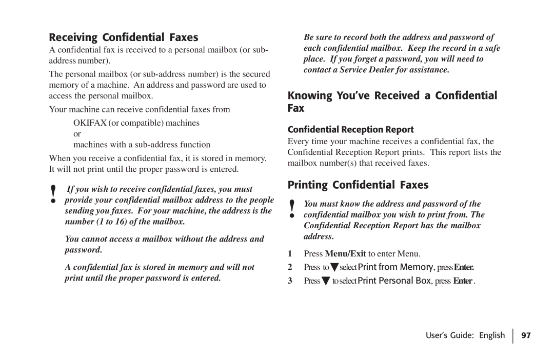 Oki 59502, 5750 manual Receiving Confidential Faxes, Knowing You’ve Received a Confidential Fax, Printing Confidential Faxes 