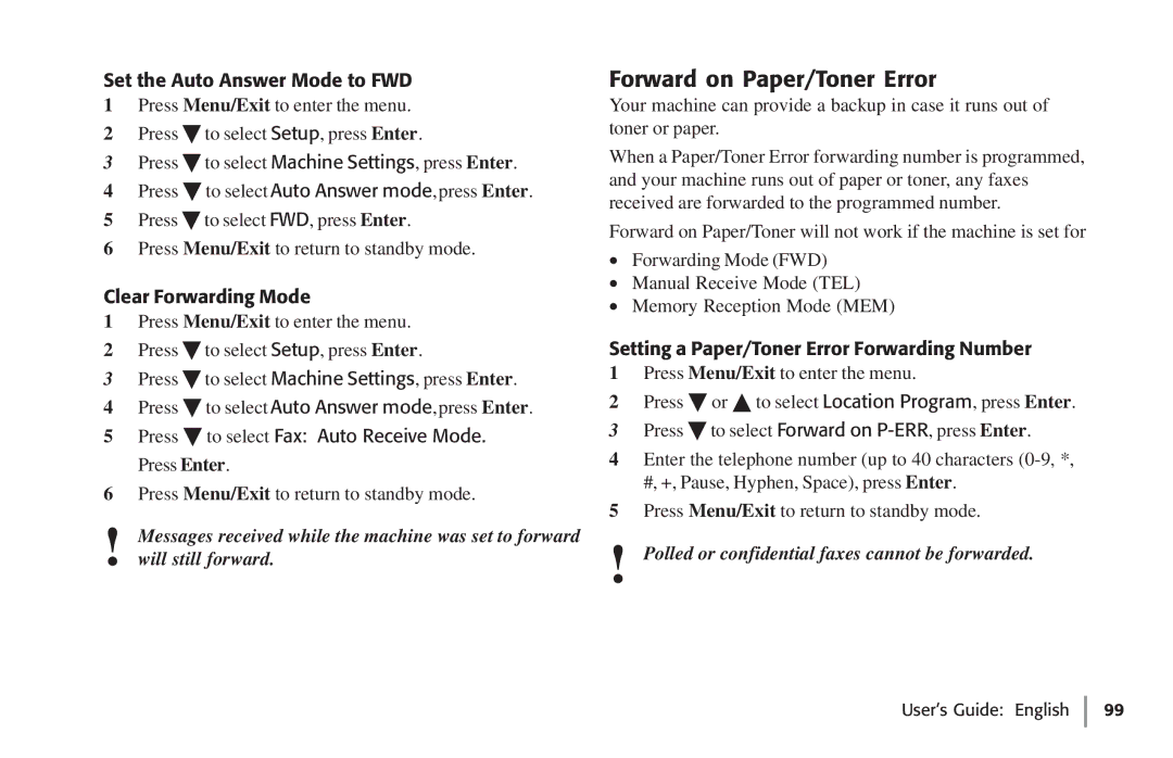 Oki 59502, 5750 manual Forward on Paper/Toner Error, Set the Auto Answer Mode to FWD, Clear Forwarding Mode 