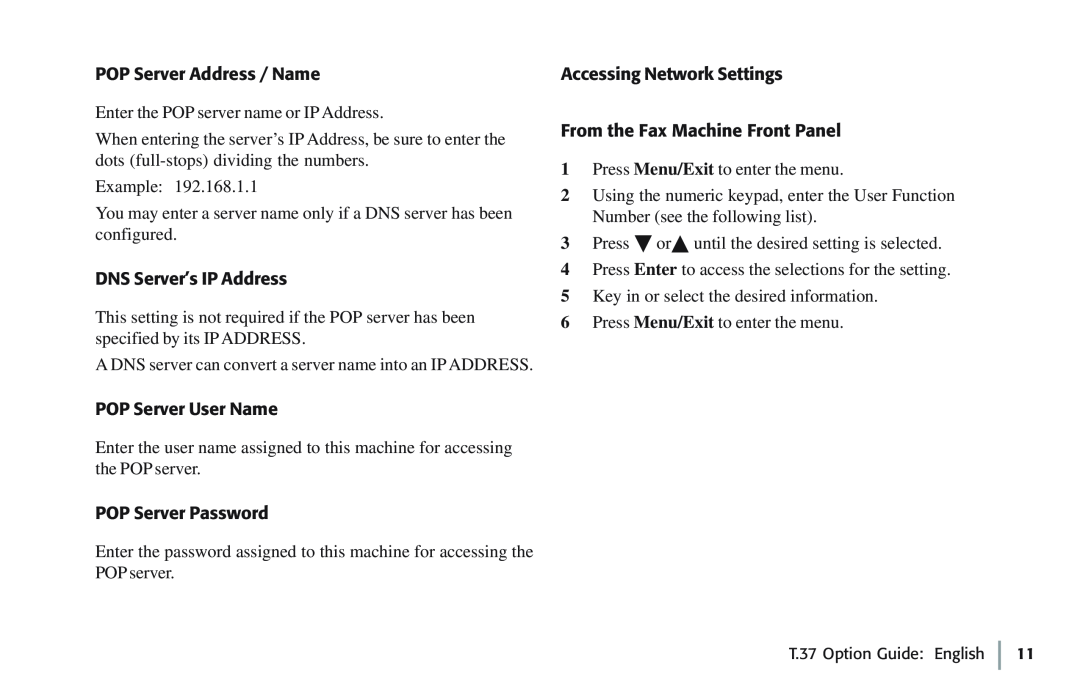 Oki 5780 manual POP Server Address / Name, DNS Server’s IP Address, POP Server User Name, POP Server Password 
