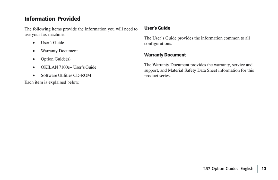 Oki 5780 manual Information Provided, User’s Guide, Warranty Document 