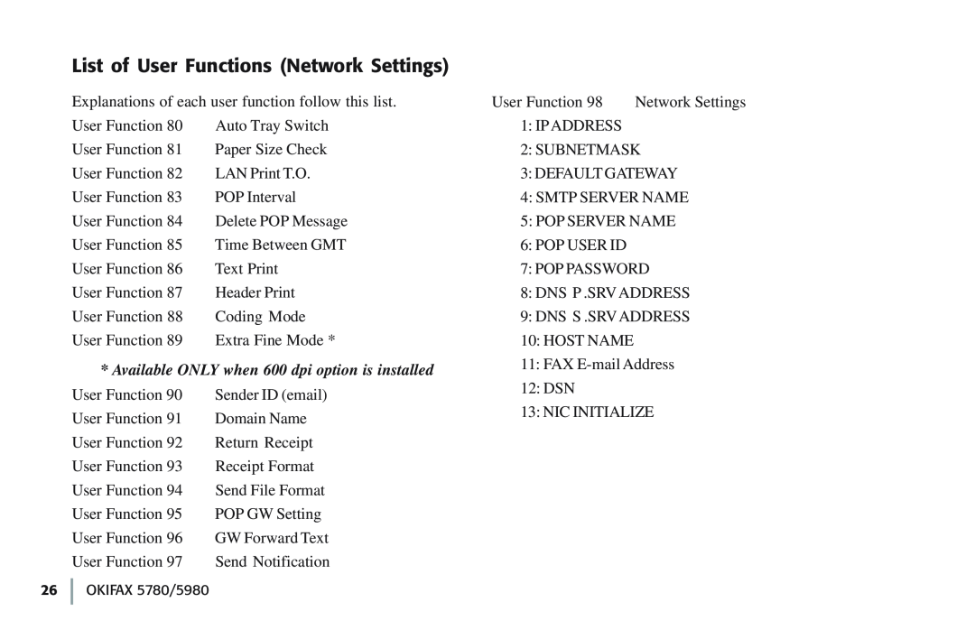 Oki manual List of User Functions Network Settings, OKIFAX 5780/5980 
