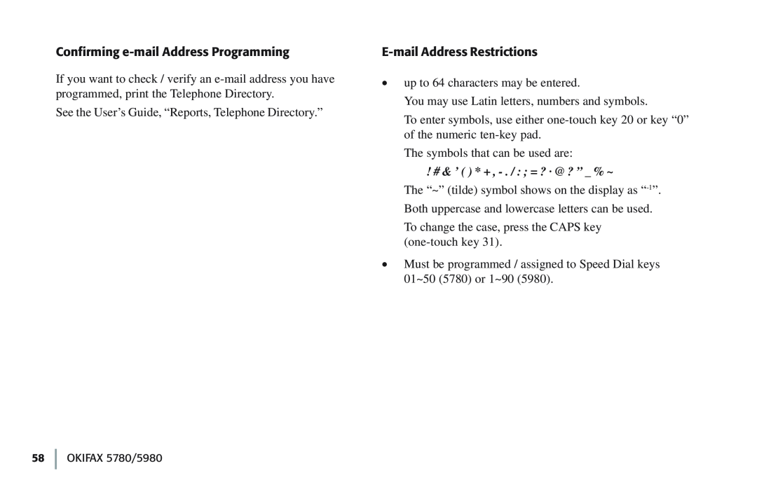 Oki manual Confirming e-mail Address Programming, E-mail Address Restrictions, OKIFAX 5780/5980 