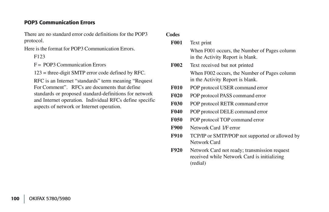 Oki 5780 manual POP3 Communication Errors, Codes 