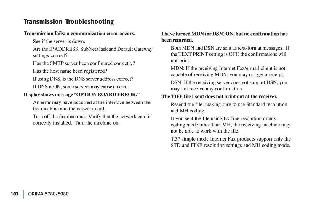 Oki 5780 manual Transmission Troubleshooting, Transmission fails a communication error occurs 