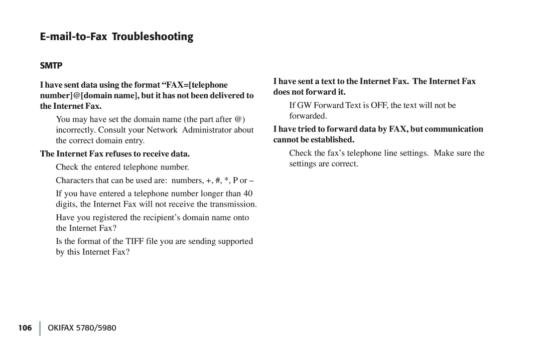 Oki 5780 manual Mail-to-Fax Troubleshooting, Internet Fax refuses to receive data 