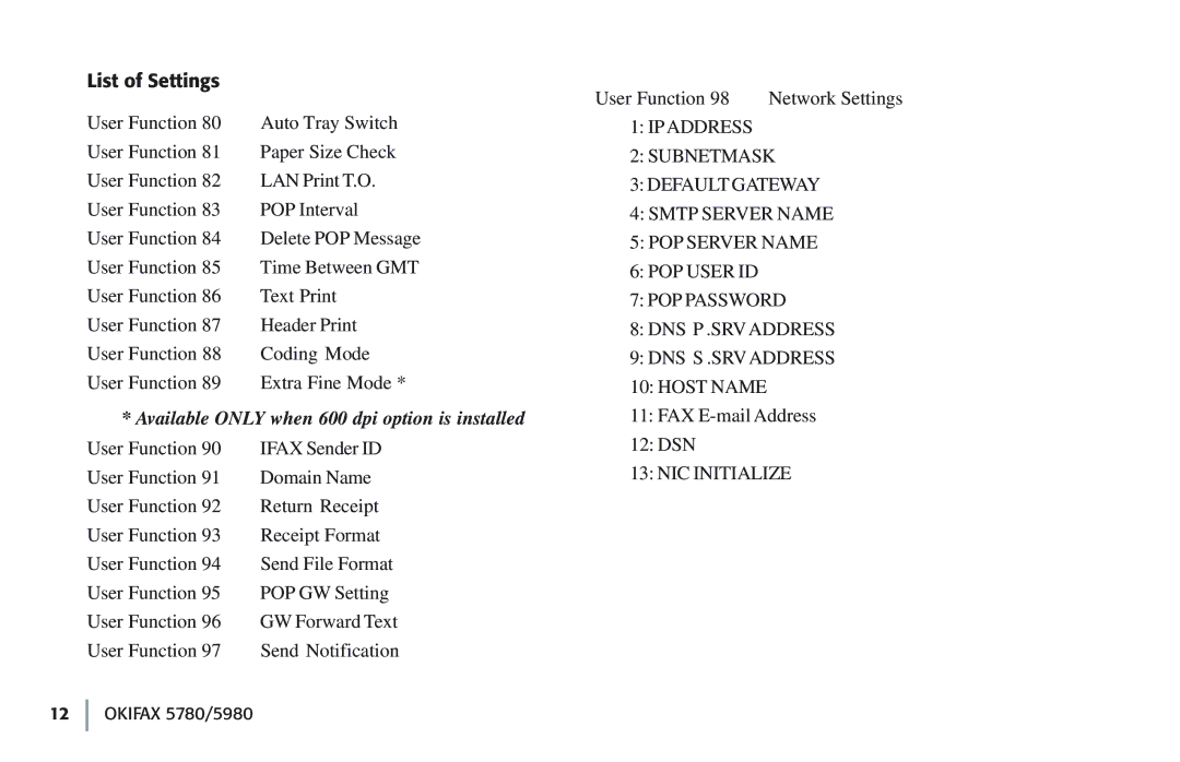 Oki 5780 manual List of Settings, Available only when 600 dpi option is installed 