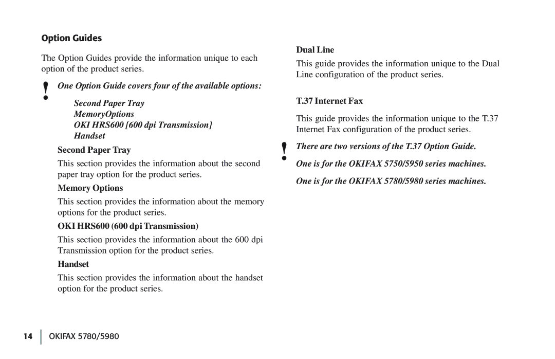 Oki 5780 manual Option Guides, Dual Line 