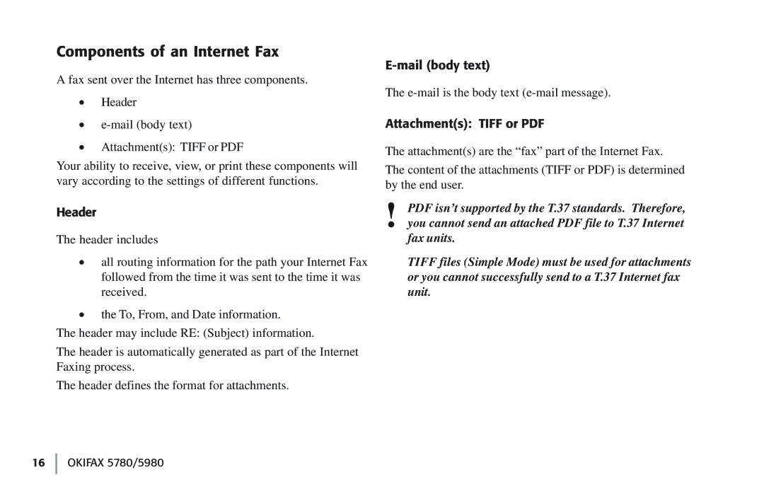 Oki 5780 manual Components of an Internet Fax, Header, Mail body text 