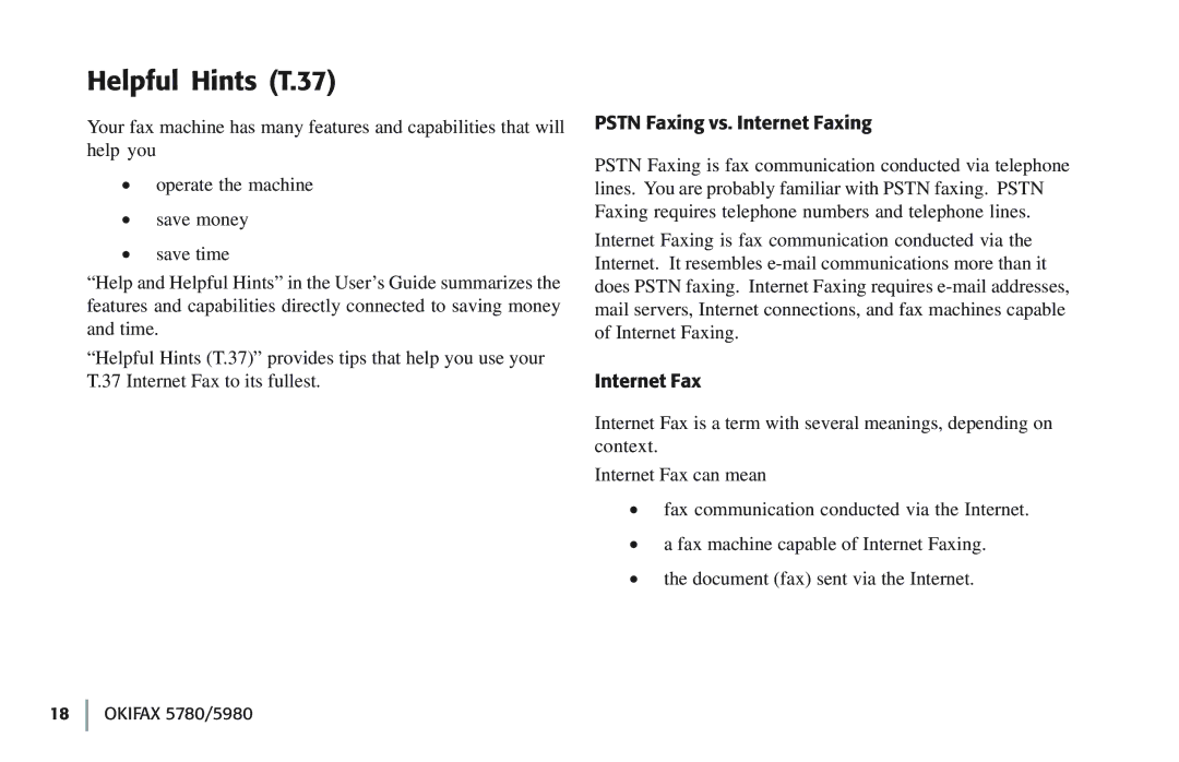 Oki 5780 manual Helpful Hints T.37, Pstn Faxing vs. Internet Faxing 