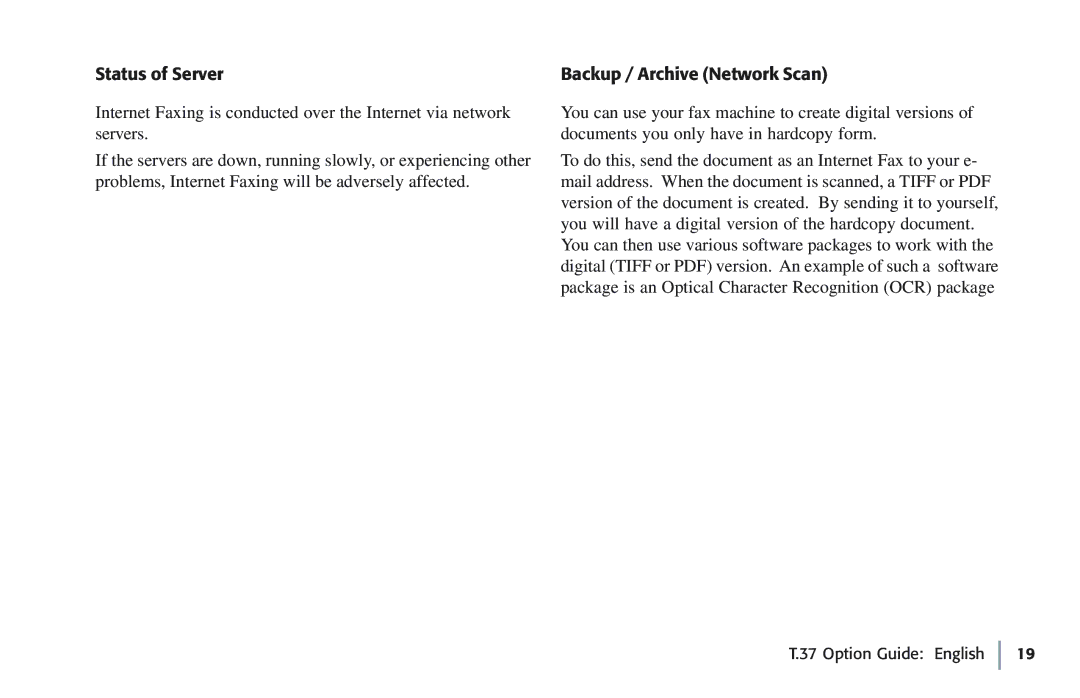 Oki 5780 manual Status of Server, Backup / Archive Network Scan 