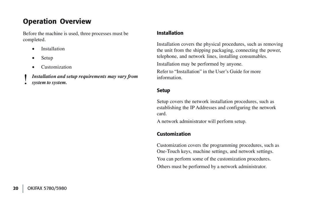 Oki 5780 manual Operation Overview, Installation, Setup, Customization 