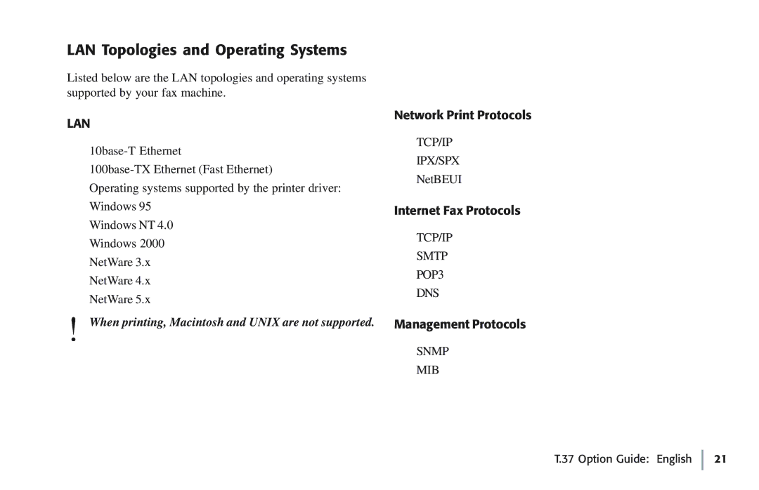 Oki 5780 manual LAN Topologies and Operating Systems, Network Print Protocols, Internet Fax Protocols, Management Protocols 