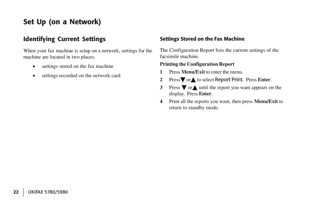 Oki 5780 manual Set Up on a Network, Identifying Current Settings, Settings Stored on the Fax Machine 