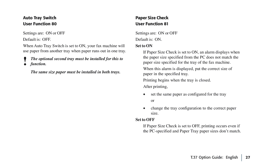 Oki 5780 manual Auto Tray Switch User Function, Paper Size Check User Function, Set to on, Set to OFF 