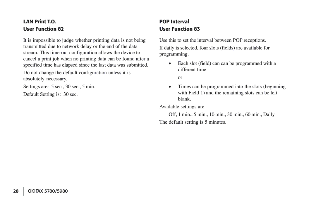 Oki 5780 manual LAN Print T.O User Function, POP Interval User Function 