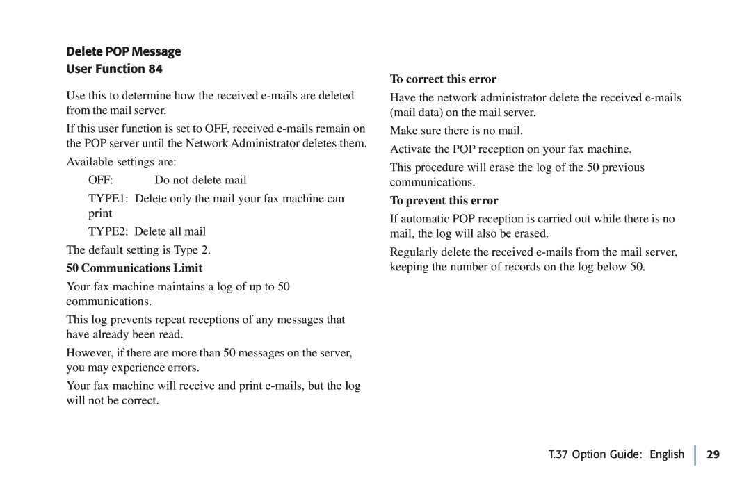 Oki 5780 manual Delete POP Message User Function, Communications Limit, To correct this error, To prevent this error 