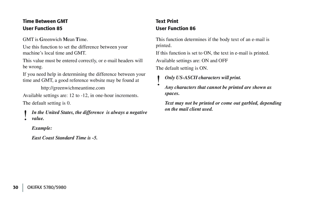 Oki 5780 manual Time Between GMT User Function, Text Print User Function 