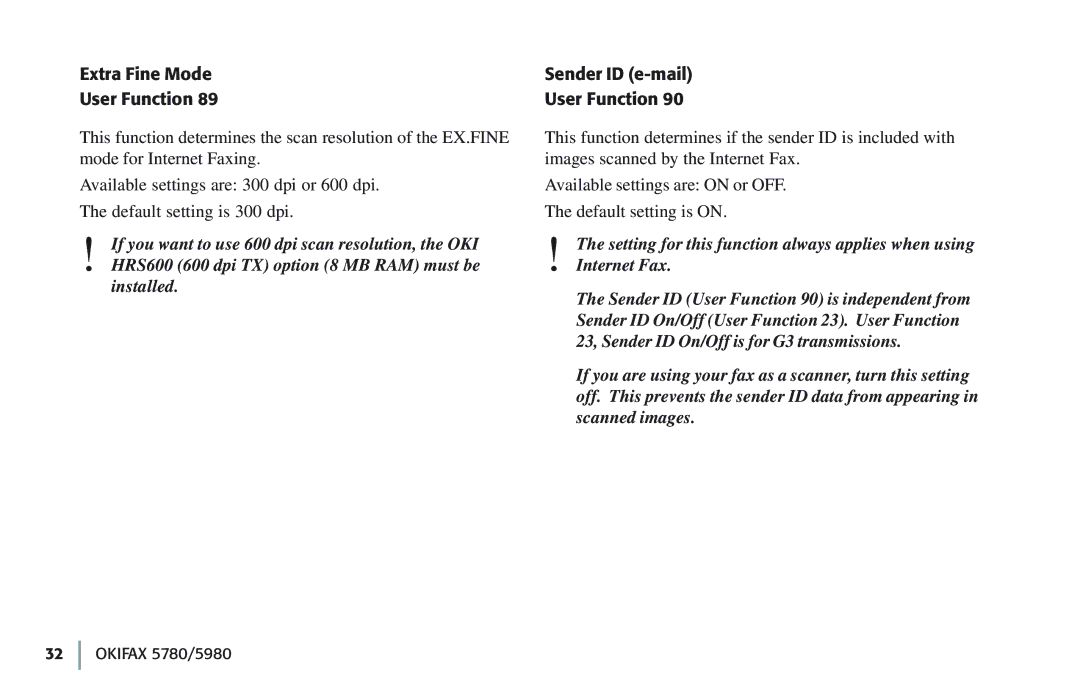 Oki 5780 manual Extra Fine Mode User Function, Sender ID e-mail User Function 