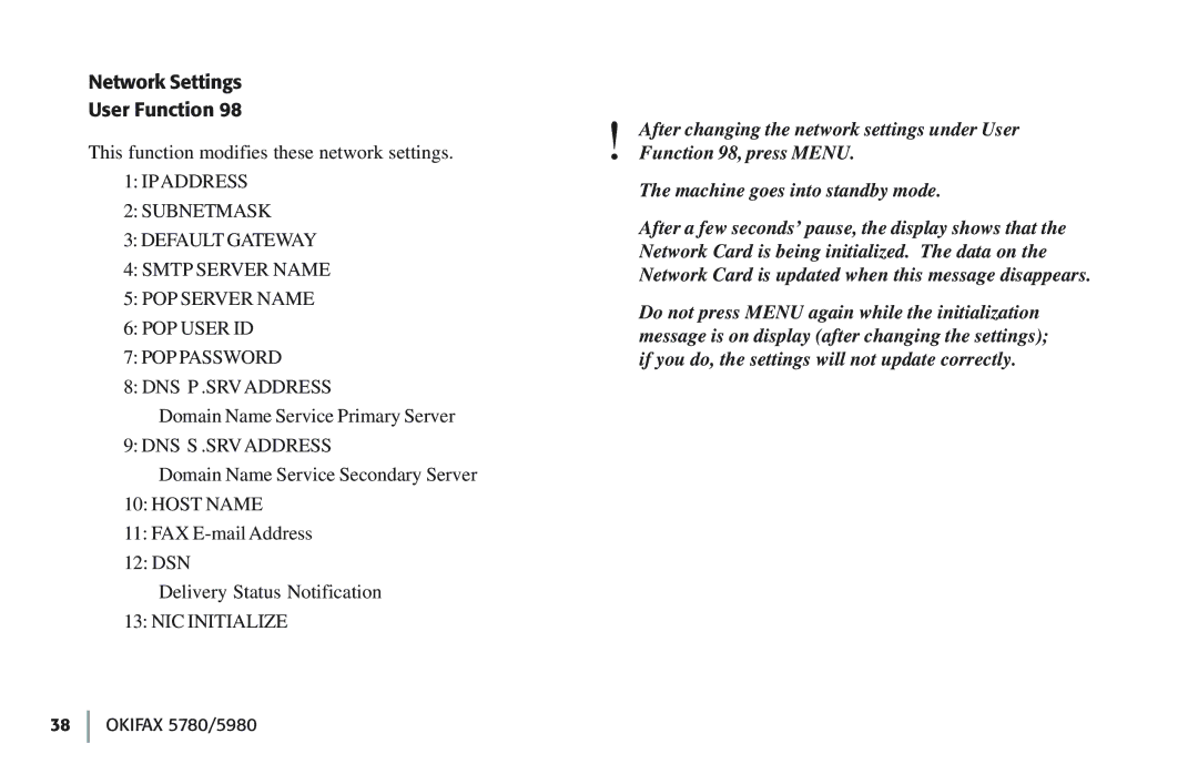 Oki 5780 manual Network Settings User Function 