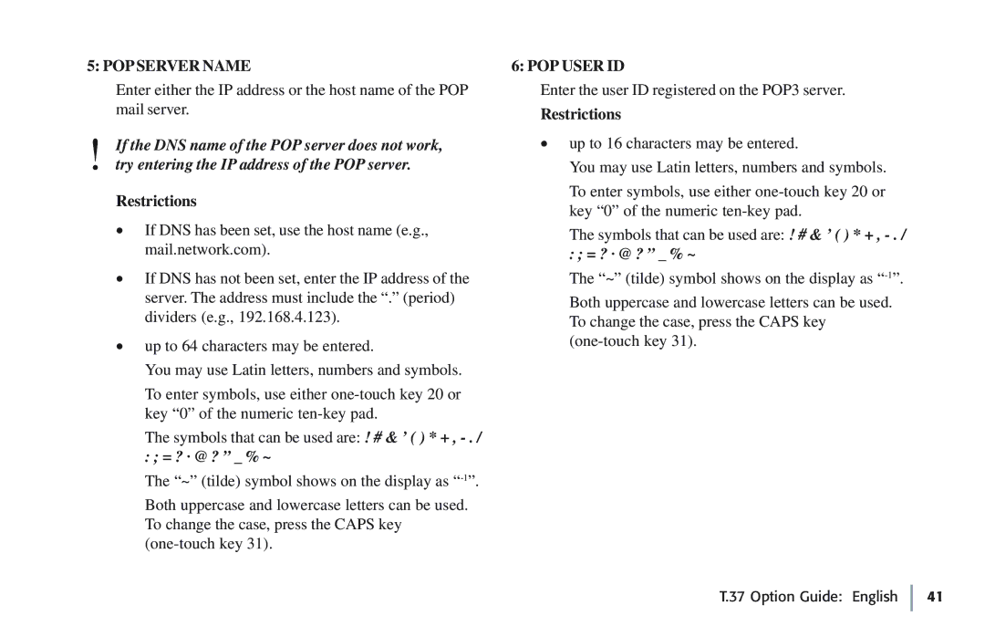 Oki 5780 manual POP Server Name, POP User ID 