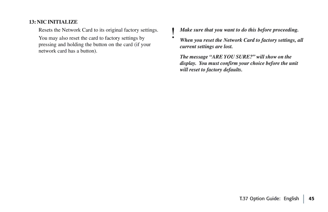 Oki 5780 manual NIC Initialize, Resets the Network Card to its original factory settings, Network card has a button 