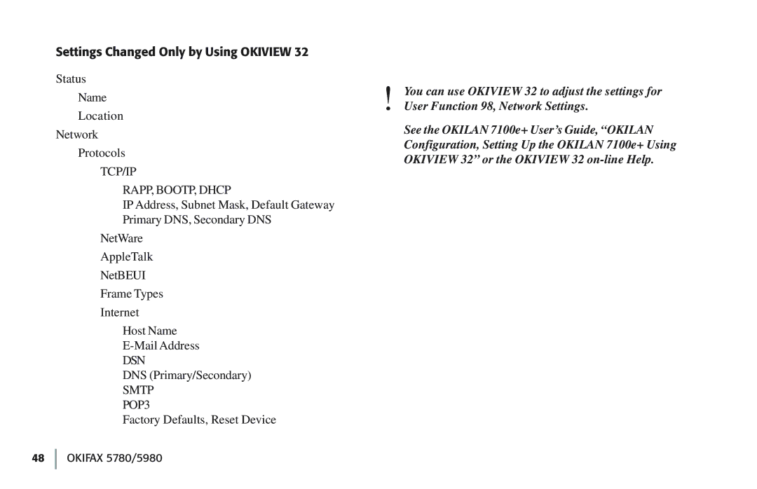 Oki 5780 manual Settings Changed Only by Using Okiview, TCP/IP RAPP, BOOTP, Dhcp 