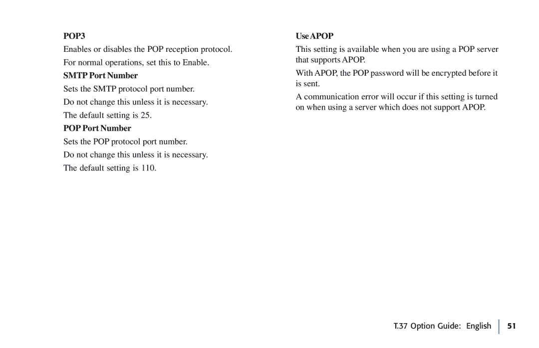 Oki 5780 manual POP3, Smtp Port Number, POP Port Number, UseAPOP 