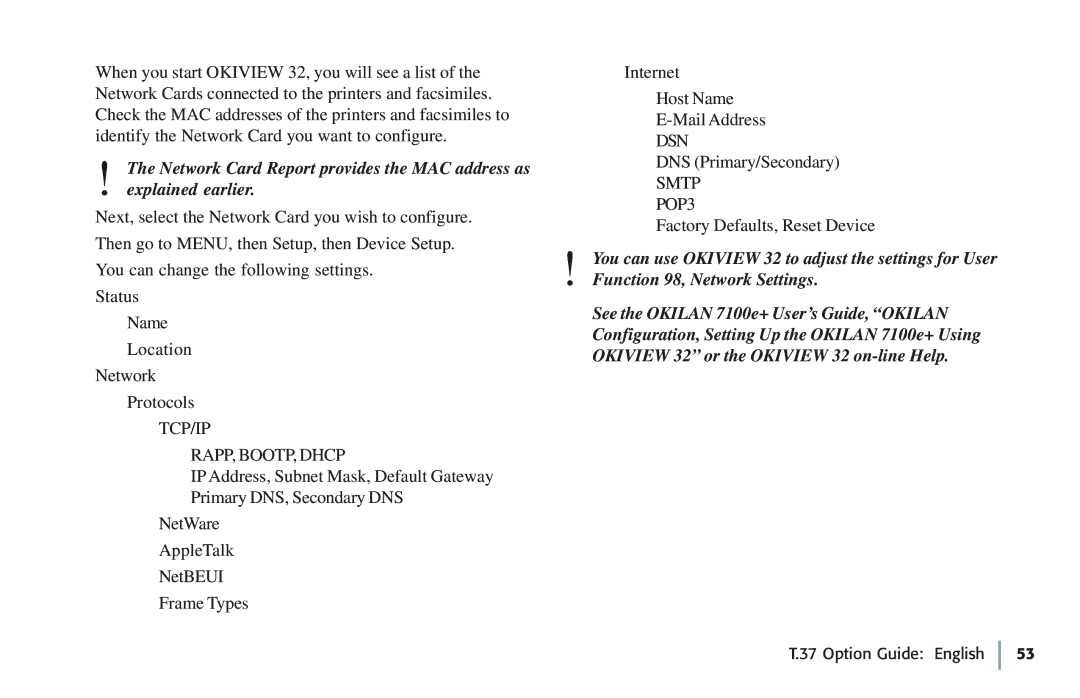 Oki 5780 manual Network Card Report provides the MAC address as 