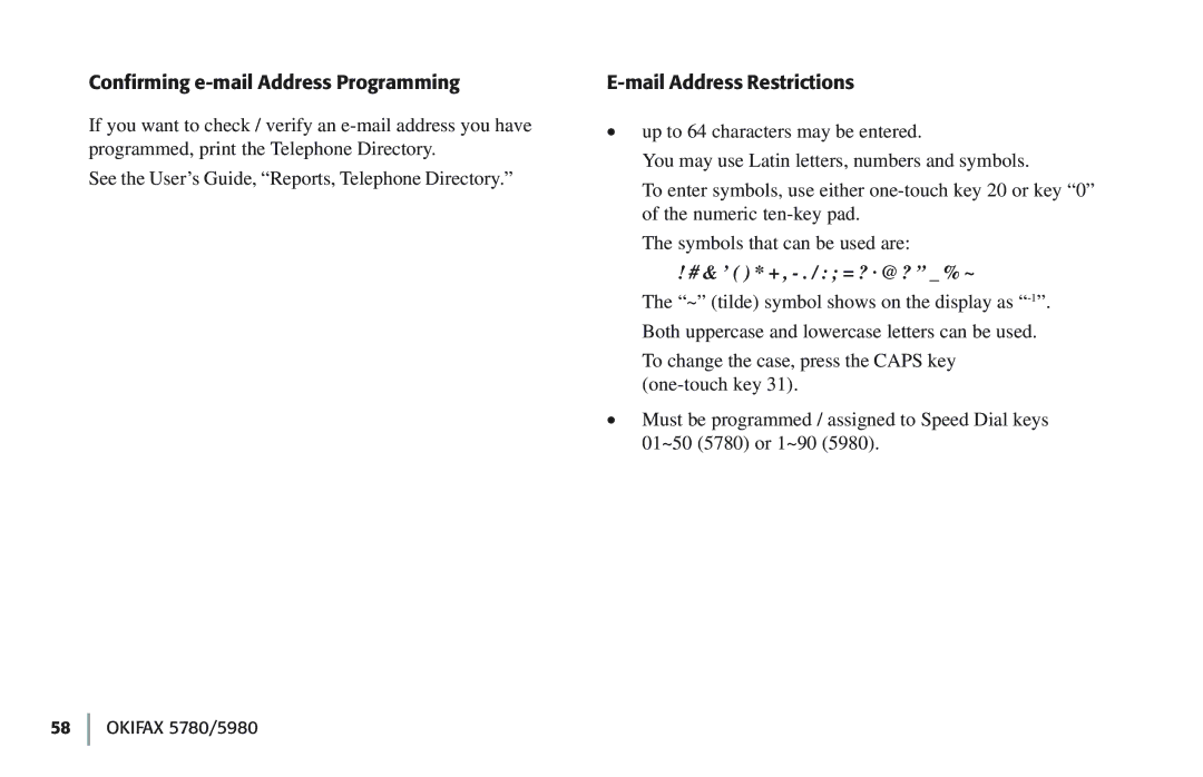 Oki 5780 manual Confirming e-mail Address Programming, Mail Address Restrictions 