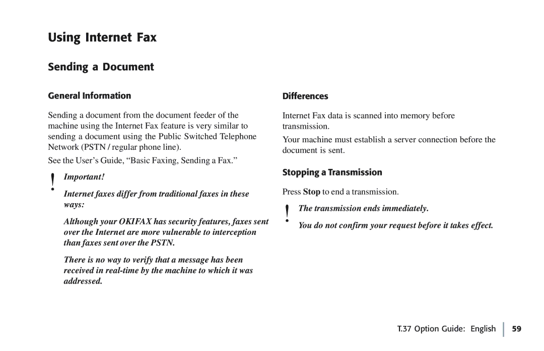 Oki 5780 manual Using Internet Fax, Sending a Document, Differences, Stopping a Transmission 