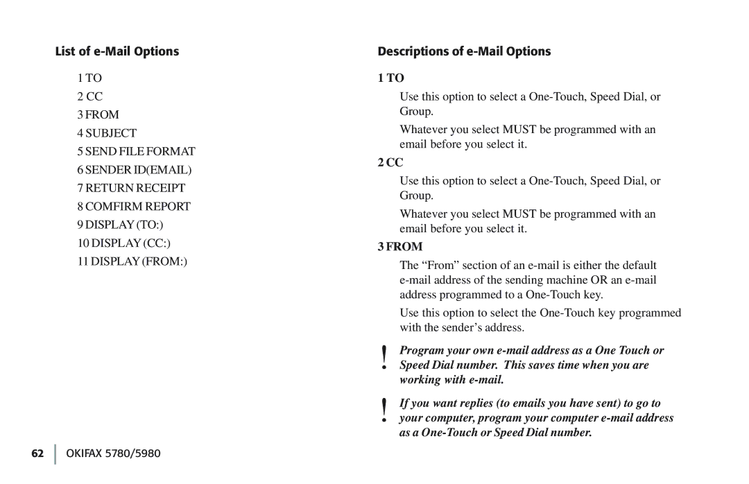 Oki 5780 manual List of e-Mail Options, Descriptions of e-Mail Options, From 