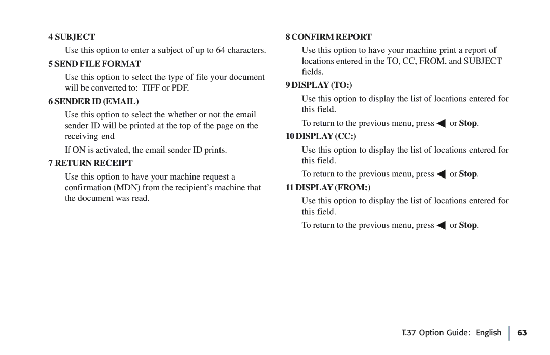 Oki 5780 Subject, Send File Format Sender ID Email, Return Receipt, Confirm Report, Display to, Display CC, Display from 