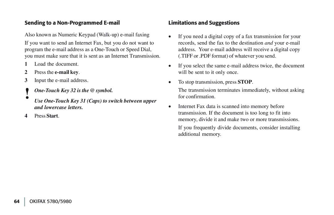 Oki 5780 manual Sending to a Non-Programmed E-mail, Limitations and Suggestions 