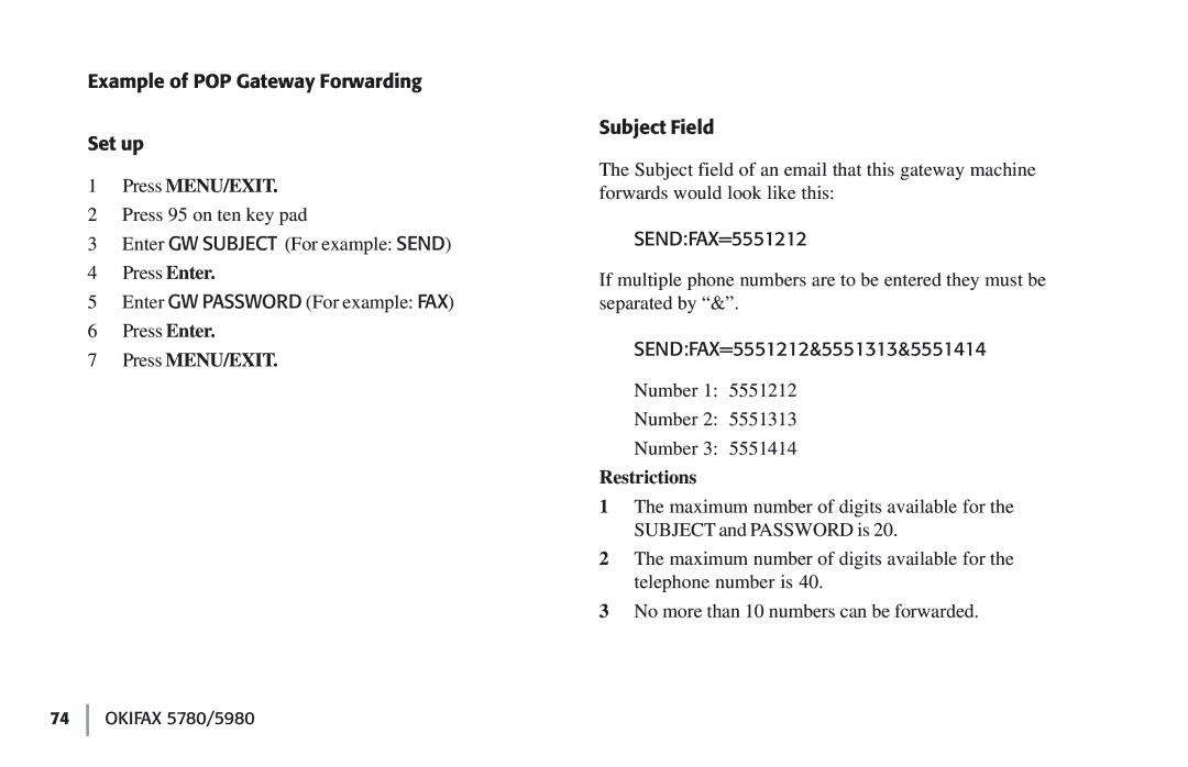 Oki 5780 manual Example of POP Gateway Forwarding Set up, Press MENU/EXIT, Subject Field, SENDFAX=5551212 