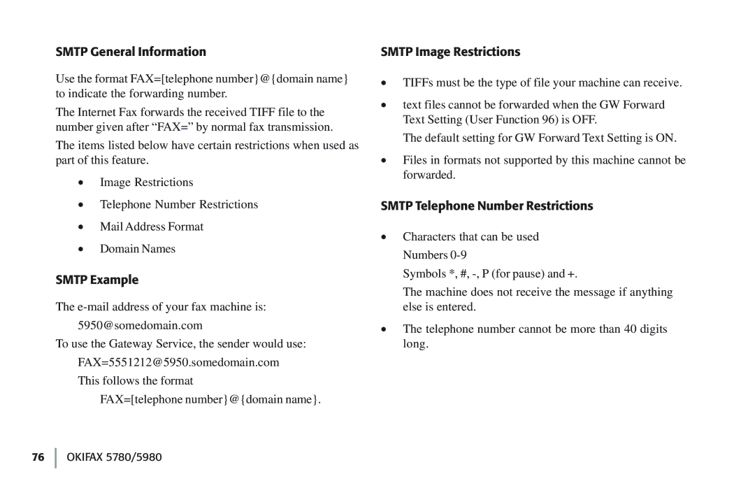 Oki 5780 manual Smtp General Information, Smtp Example, Smtp Image Restrictions, Smtp Telephone Number Restrictions 