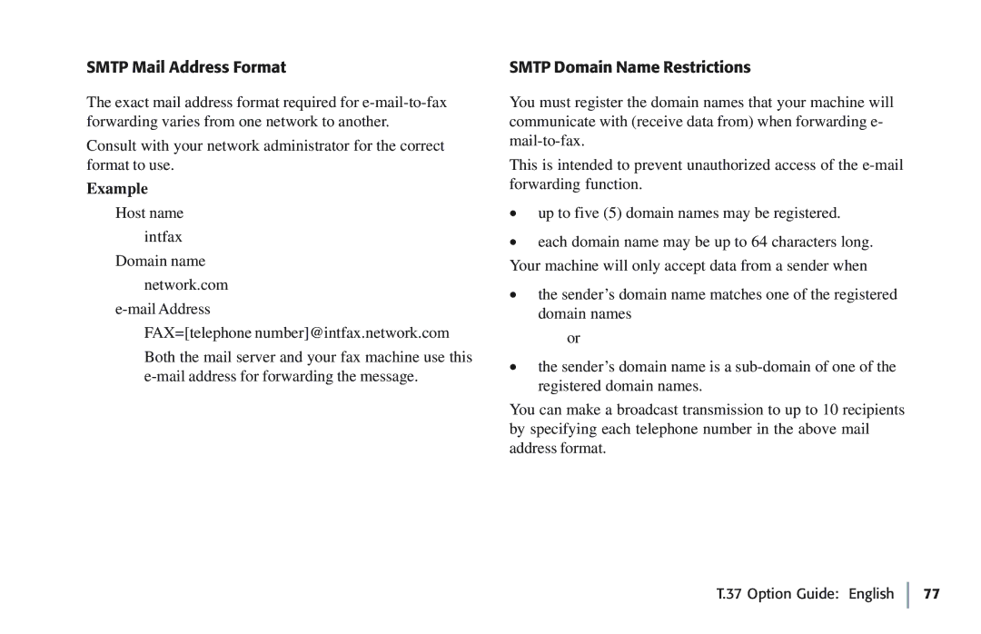 Oki 5780 manual Smtp Mail Address Format, Smtp Domain Name Restrictions 