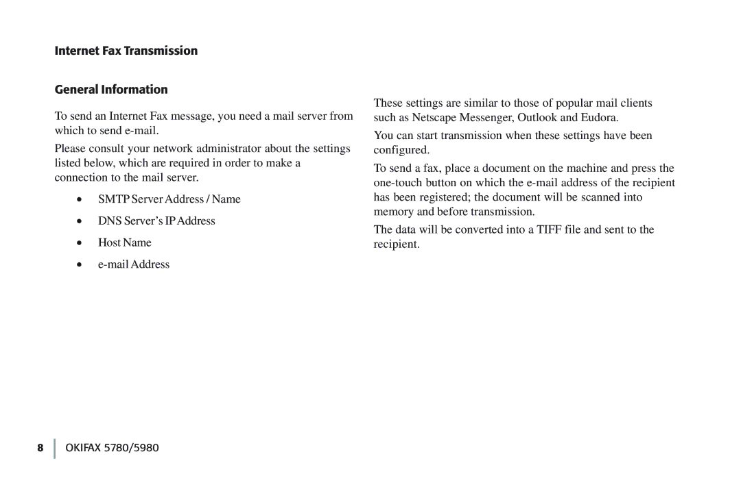 Oki 5780 manual Internet Fax Transmission General Information 