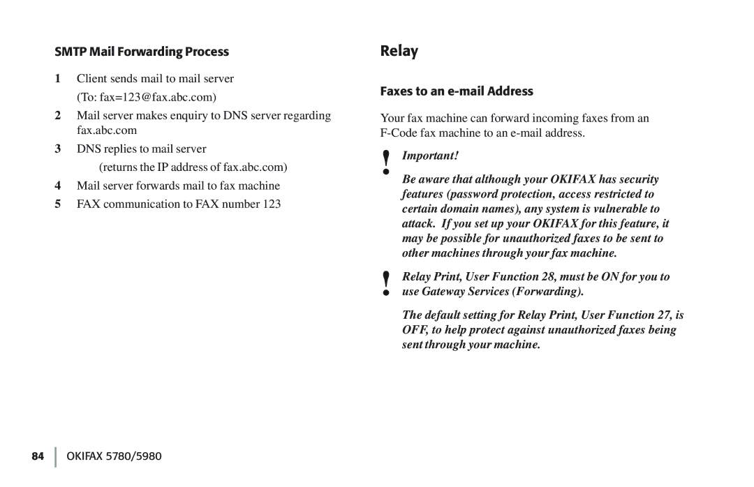 Oki 5780 manual Relay, Smtp Mail Forwarding Process, Faxes to an e-mail Address 