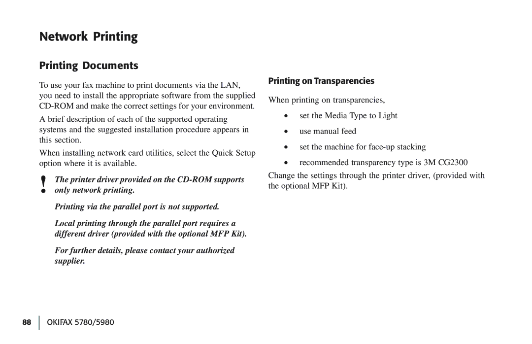 Oki 5780 manual Network Printing, Printing Documents, Printing on Transparencies 