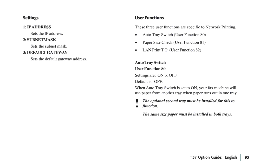 Oki 5780 manual Settings, User Functions, Auto Tray Switch User Function 