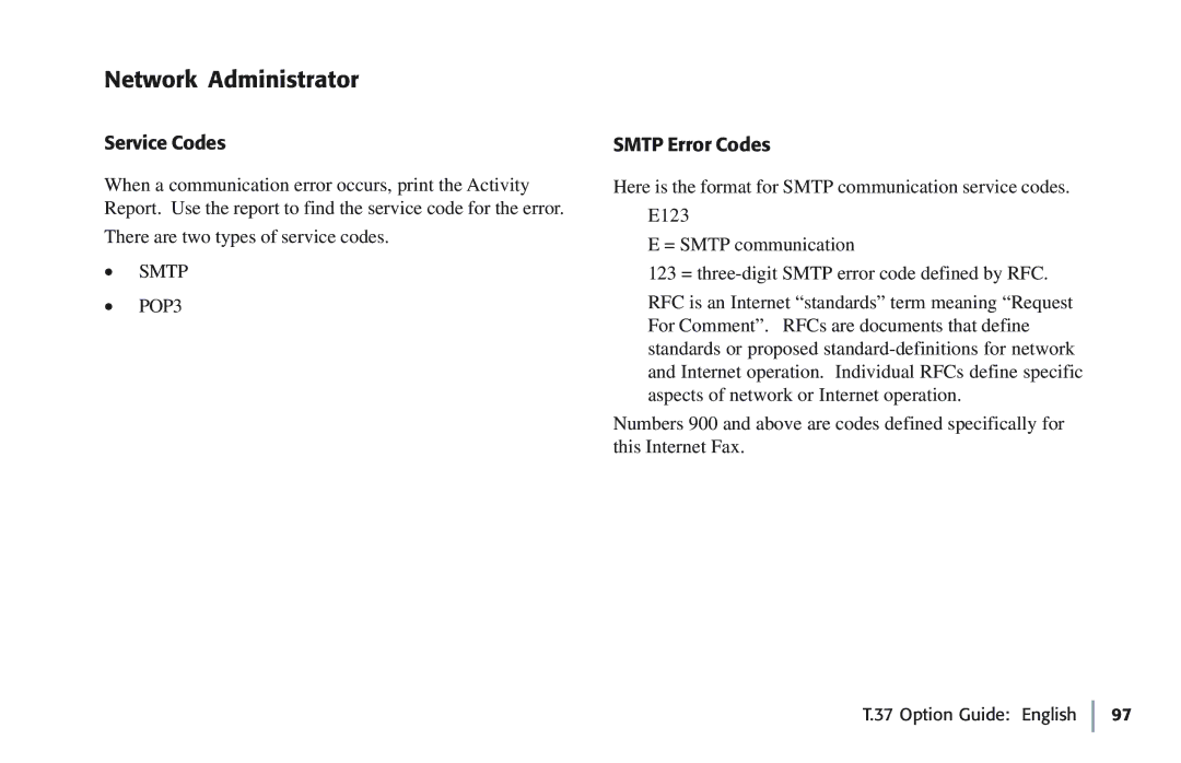 Oki 5780 manual Network Administrator, Service Codes, Smtp Error Codes 