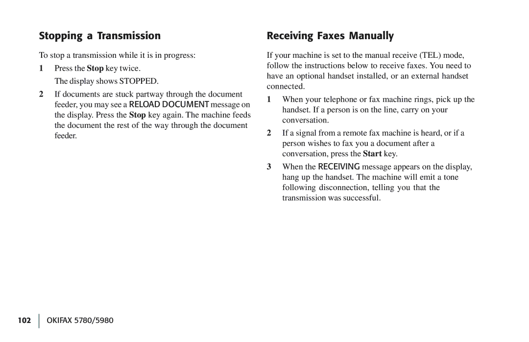 Oki 5780 manual Stopping a Transmission, Receiving Faxes Manually 