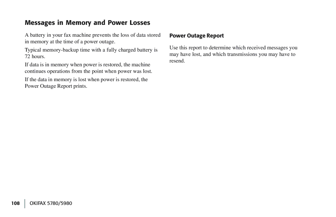 Oki 5780 manual Messages in Memory and Power Losses, Power Outage Report 